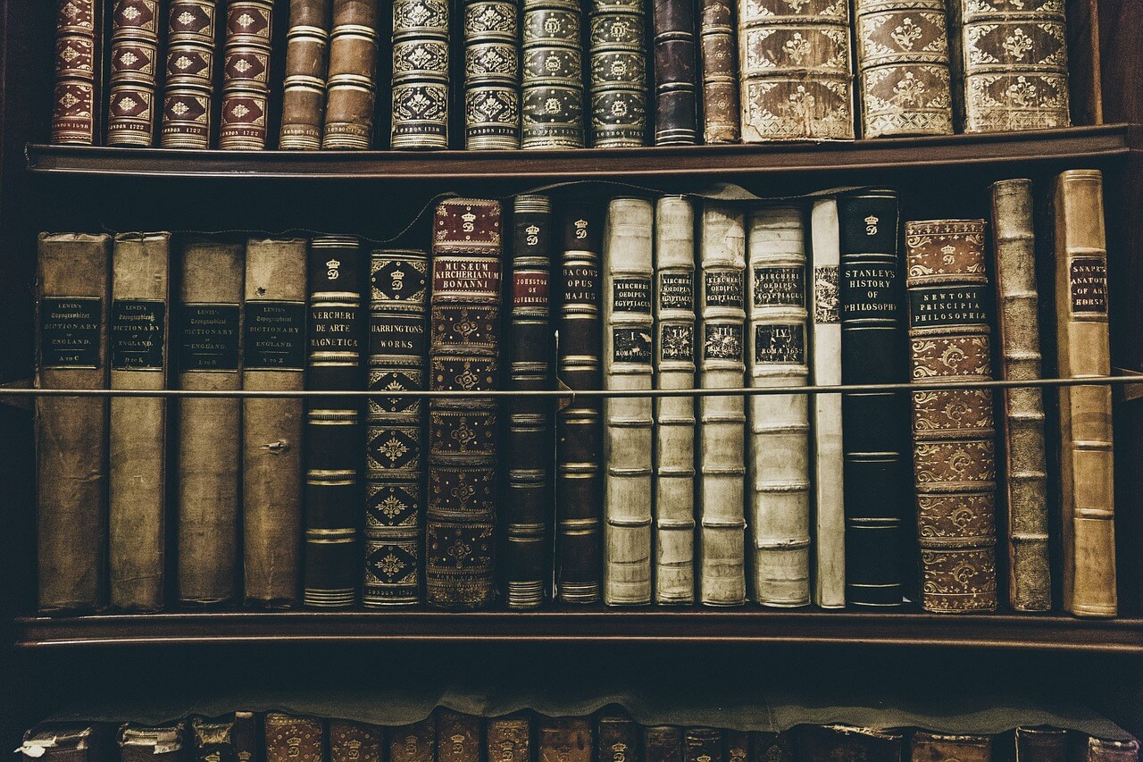 Scaffale di biblioteca con libri antichi rilegati in pelle, decorati con dettagli dorati e titoli incisi sul dorso.