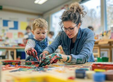 Bambino e adulto impegnati in un'attività artistica con pittura, entrambi con le mani coperte di colore.