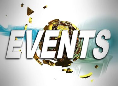 Grafica che annuncia eventi con la parola "EVENTS" in bianco su uno sfondo con sfere dorate e motivi astratti.