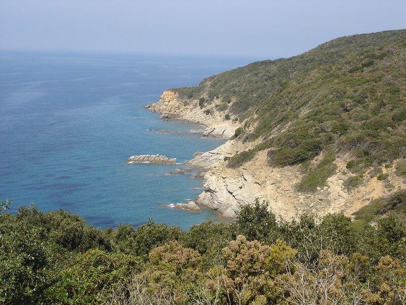 Scogliera con rocce a picco sul mare cristallino, circondato da vegetazione mediterranea e colline verdi sotto un cielo leggermente velato.