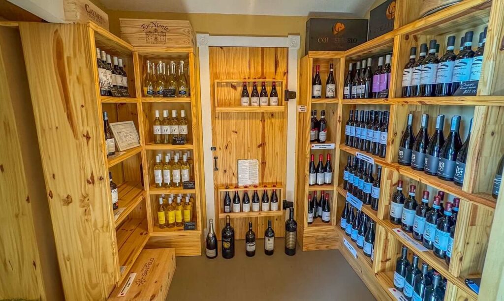 Cantina vini con scaffali in legno pieni di bottiglie di vino rosso e bianco, ideale per degustazioni e vendita al dettaglio.