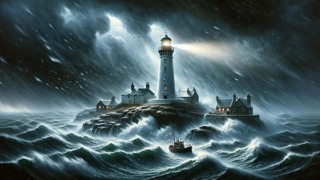 Faro illuminato su un’isola rocciosa in mezzo a una tempesta notturna, con onde alte e vento forte che agitano un'imbarcazione vicino alla costa.
